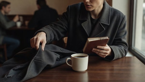A warm mug held between hands over a dark tabletop in thoughtful conversation